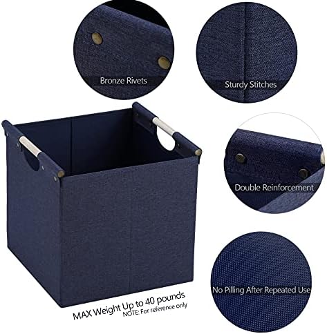HOONEX Collapsible Storage Bins, 12x12x12in Storage Cubes Linen Fabric, 3 Pack, Storage Baskets with Wooden Carry Handles and Sturdy Heavy Cardboard, for Home, Office, Car, Nursery, Blue - Image 7