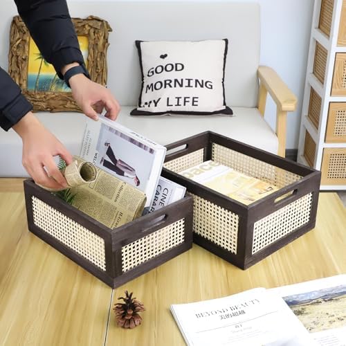 Rattan Wooden Storage Basket with Handle, Brown Set of 2 - Image 7
