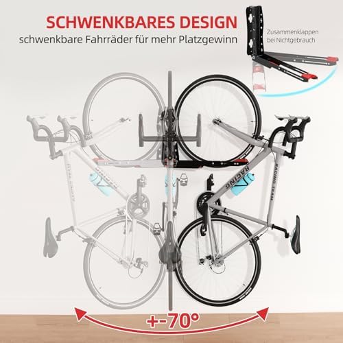 Urban Deco Swivel Bike Wall Mount,Adjustable Bike Hanger,Space Saving Bike Rack Garage,Easy to Load and Unload Bike Rack Wall Mount Can Hold Up to 77 lbs (Black+red 2PK) - Image 4