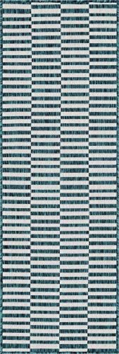 Unique Loom Outdoor Striped Collection Area Rug - Striped (2' x 6' 1" Runner, Teal/Ivory) by UniqueLoom