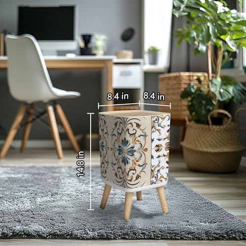 Small Trash Can with Lid Seamless Azulejo tile Portuguese Spain decor Ceramic tile Victorian Wastebasket with Press Cover Dog Proof Garbage Can Waste Bin for Kitchen Bathroom Nursery 2.6 Gallon - Image 4