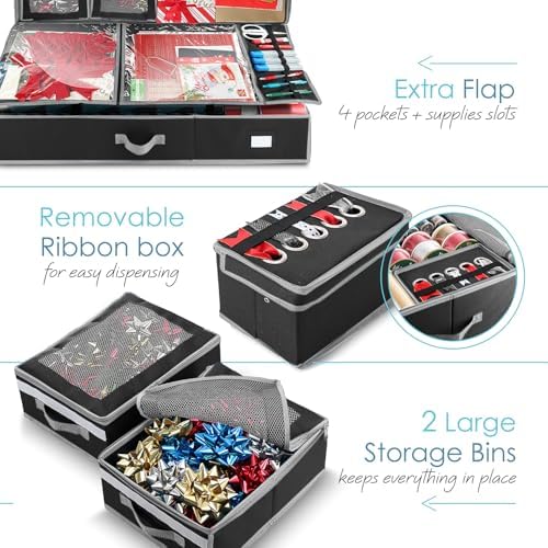 Hearth & Harbor Holiday Storage with Extra 2 PC of Christmas Storage Bins and Ribbon Storage Organizer - Fade Resistant Wrapping Paper Storage Containers with Wheels Fits Up to 30 Rolls of 40" Length - Image 4