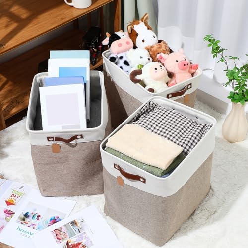 Uiifan 10 Pcs Collapsible Fabric Storage Baskets, 17 x 15 x 12 Inch, Beige - Image 3