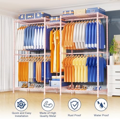 Ulif E12 Pro Clothes Rack，Heavy Duty Freestanding Garment Rack with Shelves，Metal Clothing Closet Storage System for Hanging Clothes，71" W x 16" D x 76.5" H, Hold 960 lbs，Pink - Image 3