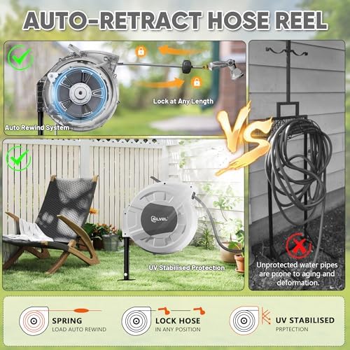 SILVEL Automatic Retractable Garden Hose Reel on Metal Spike, 1/2 in x 90FT Ground Mounted Outside, UV Resistant with 10 Pattern Nozzle, 360° Swivel, No Holes in Your House, Easy Installation - Image 2