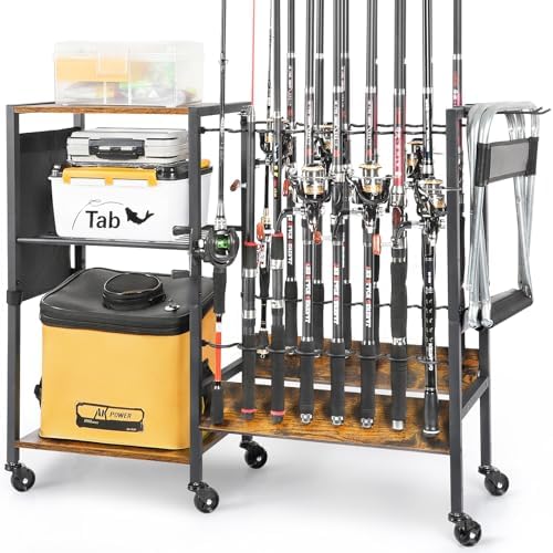 Olakee Fishing Rod Holders, Rolling Fishing Rod Rack for Garage & Boat, Tackle Box & Reel Holder Cart, Easy Assembly Fishing Gear Management System, Ideal Birthday Gift for Men Dad Anglers by Olakee