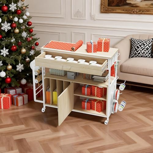 Height-Adjustable Gift Wrapping Station with Paper Clamp & Adhesive Measuring Tape,Rolling Wrapping Paper Cart with Ribbon & Gift Bag Storage, Craft Organizer Workstation (Oak) - Image 6