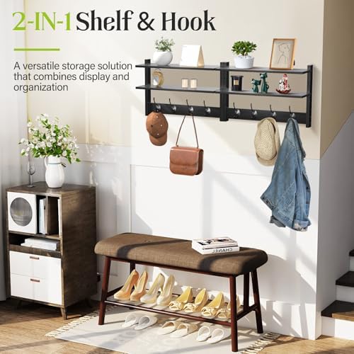 2 Tier Coat Rack Wall Mount with Shelf, 33" Wall Shelf with Hooks, Entryway Key Holder for Wall with 8 Heavy Duty Double Hooks, Coat Hook Wall Mounted for Bedroom, Living Room, Black - Image 6