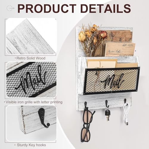 Yalikop Farmhouse Mail Organizer Wall Mounted Rustic Mail Holder Hanging Key Sorter with 3 Hooks Indoor Wooden Wall Mounted, Letter, Magazines, Newspapers, Keys(Classics,White Gray) - Image 3