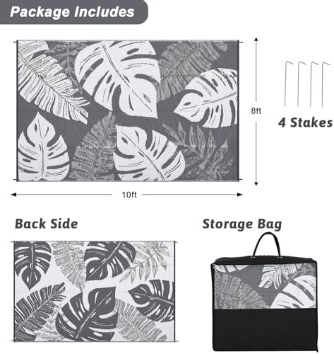 COZYLOOM Outdoor Rug 8x10 Waterproof Reversible Mat Indoor Outdoor Rugs Carpet, Grey Rug Leaf Large Outdoor Plastic Straw Rug for Patio Deck Balcony Pool RV Camping Beach Picnic Grey&White 8'x10' - Image 2