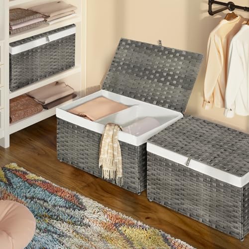 GREENSTELL Storage Basket with Lid, 27.7 Gallon(105L) Lagre Wicker Blanket Storage Basket with Handles, Foldable, 2 Removable Liner Bags, Metal Frame, for Bedroom, Laundry Room, Grey,25.6"*15.7"*15.7" - Image 2