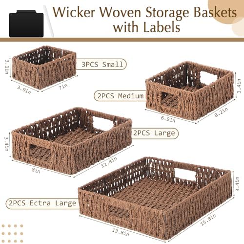 Marsui 9 Pcs Paper Rope Storage Baskets with Handle Labels Handwoven Multi-size Brown Storage Bins for Organizing Small Baskets Container for Shelves Closet Pantry Toilet - Image 2