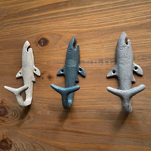 Zeckos Set of 3 Shark Wall Hooks, 5.25 Inch Blue Gray White Cast Iron - Image 5
