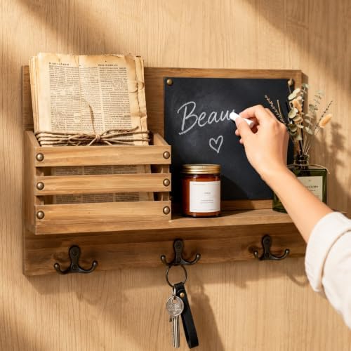 Key Holder for Wall, Mail Organizer Wall Mount, Chalkboard & 3 Double Hooks - Image 4