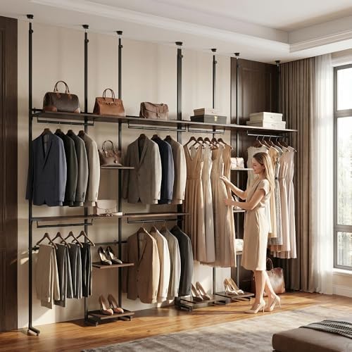 MZG Closet Organizer System, Freestanding Closet System with Wood Shelves & Hanging Rod, Adjustable Floor-to-Ceiling Open Wardrobe for Bedroom, Apartment & Walk-In Closet (16.8" D x72.1 W x 137.9" H) - Image 5