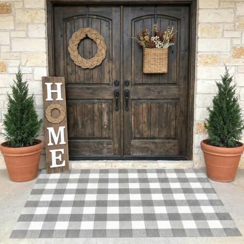 MUBIN Cotton Buffalo Plaid Rug, 4' x 6' Gray White Outdoor Rug Decorative Mat, Washable Large Doormat Hand-Woven Foldable Area Rug for Outdoor Patio Indoor Living Room Dining Room Kitchen - Image 3