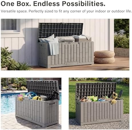 EAST OAK Outdoor Storage Box, 60 Gallon Deck Box Indoor and Outdoor Use, Waterproof Resin Storage Bin for Patio Cushions, Gardening Tools, Lockable, UV Resistant, Grey - Image 5