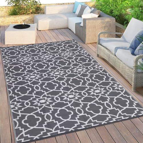 Reversible Mat 8x10 Plastic Straw Rug Outdoor Rug Geometric Area Rug Waterproof Patio Rug Outdoor Camping Rug for RV Porch Deck Camper Balcony Backyard Easy Cleaning Picnic Mat Grey White - Image 2