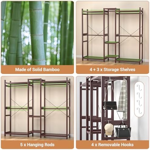 Homykic Bamboo Clothing Rack with 7 Shelves, 5 Rods, 70” Wide, Espresso - Image 6