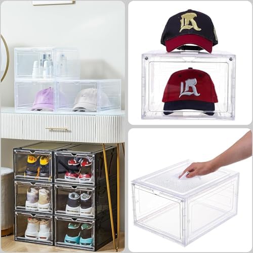 Attelite Upgrade Harder Solid Plastic Hat Organizer for Baseball Caps, 8 Pack Stackable Hat Storage Box with Clear Magnetic Door, Hat Rack(XL-Clear) - Image 2