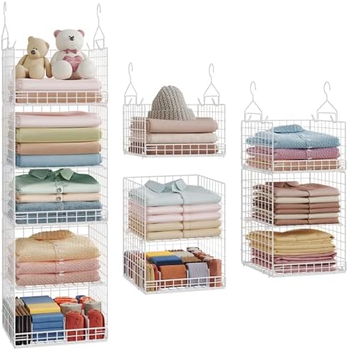 Yuyetuyo ﻿5 Tier Hanging Closet Organizer Separable Hanging Closet Shelves with 4 Hooks 2 Adjustable Dividers, Wire Storage Basket Bins for Clothing Sweaters Socks Dolls Handbags, Foldable by Yuyetuyo