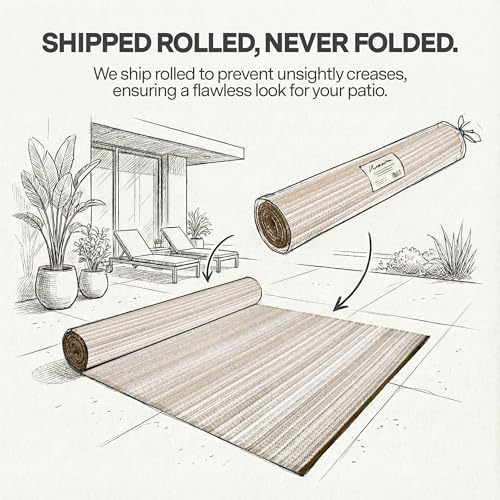 FH Home Outdoor Rug - Waterproof, Fade Resistant, Reversible - Premium Recycled Plastic - Striped - Patio, Deck, Porch, Balcony - Havana - Beige Crease Free - 5 x 8 ft - Image 3