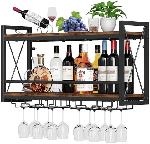 Homeiju Wall Mounted Wine Rack, Bottle & Glass Holder Wood-Metal Retro Wine Rack, Wine Bottles Display Wall Storage for Kitchen Dining Room Home Bar by Homeiju