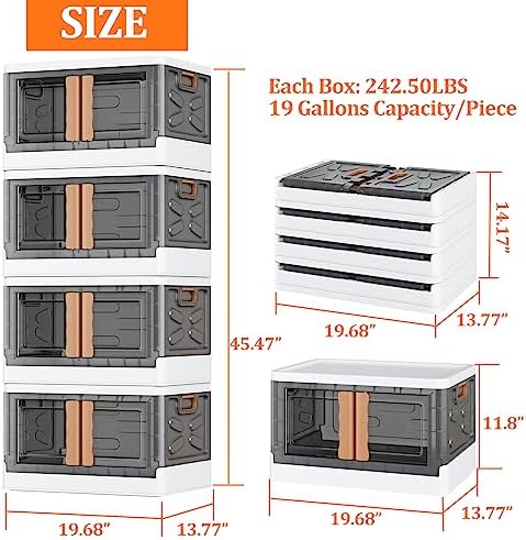 Storage Bins with Lids, Stackable Wheels & Folding Plastic Boxes 4 Set, Collapsible Containers for Closet Office Organizing, Clothes, Toys, Books, 52 Gallons, Titanium White - Image 2