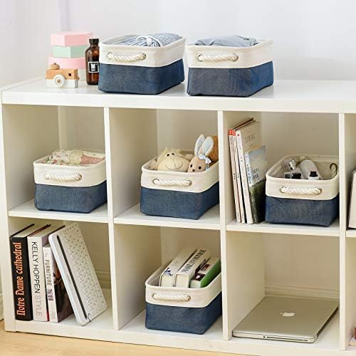 Storage Basket for Organizing - 12x8x5.2 inch Small 6 Pack Fabric Storage Bin Collapsible Baskets for Shelves with Rope, Storage Box for Cloth Decorative Laundry Canvas(White & Blue) - Image 7