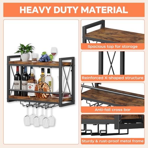 Homeiju Wall Mounted Wine Rack, Bottle & Glass Holder Wood-Metal Retro - Image 4