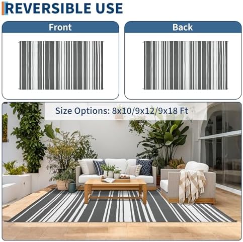 GAOMON Modern Lines 9x12 Outdoor Rug Waterproof Geometric Striped Reversible Camping Plastic Straw Carpet UV-Resistant Lightweight Portable Modern Indoor Outdoor Rugs for RV Deck Balcony, Grey White - Image 5