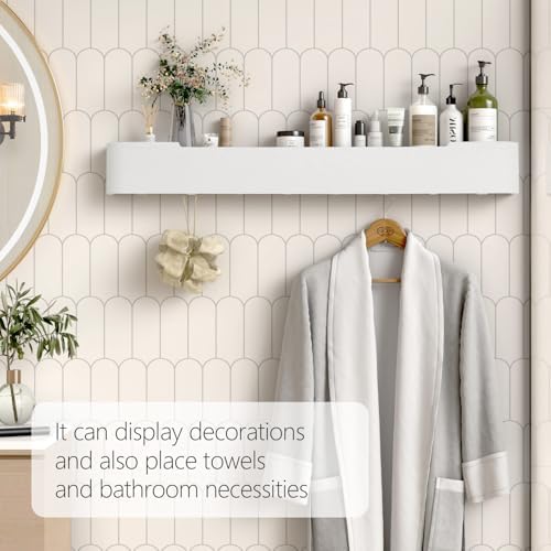 Coat Rack Wall Mount with Shelf 8 Hidden Hooks Modern Wooden Key Holder Entryway Organizer for Hallway Bedroom Bathroom Home Decor Storage for Hanging Coats Hats Bags Towels, White - Image 6