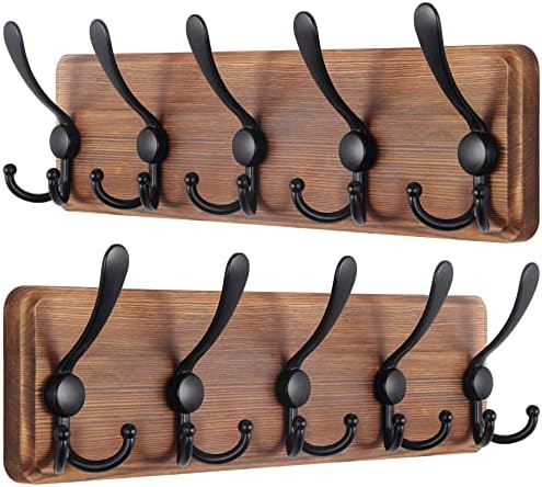 SKOLOO Rustic Wall Mounted Coat Rack: 16" Stud Spacing, Pine Real Wood Plank Wall Coat Rack with 5 Triple Hooks, Farmhouse Coat Hanger Wall Mount for Hanging Backpack Jacket Coat Hat,Pack of 2 by SKOLOO