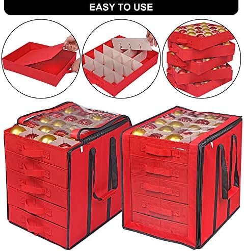 ProPik Christmas Ornament Storage Boxes with Dividers - 5 Separate Trays - Ornament Holder - Keeps 100 Holiday Ornaments - Durable Carrying Bag Handles Organizer Storage Box (Red) - Image 3