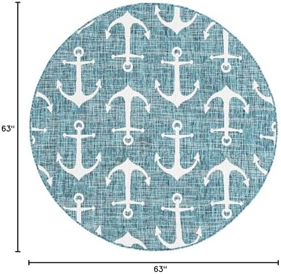 Unique Loom Outdoor Coastal Collection Area Rug - Ahoy (5' 3" Round, Teal/ Ivory) - Image 2