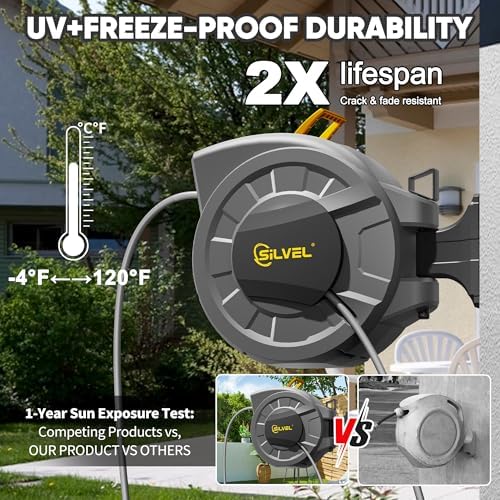 SILVEL 1/2 in x 110 FT Retractable Garden Hose Reel, UV Resistant Heavy Duty Automatic Hose Reel Wall Mount with 10 Pattern Nozzle, Any Length Lock & Slow Return System, 180°Swivel Bracket, Yellow - Image 4