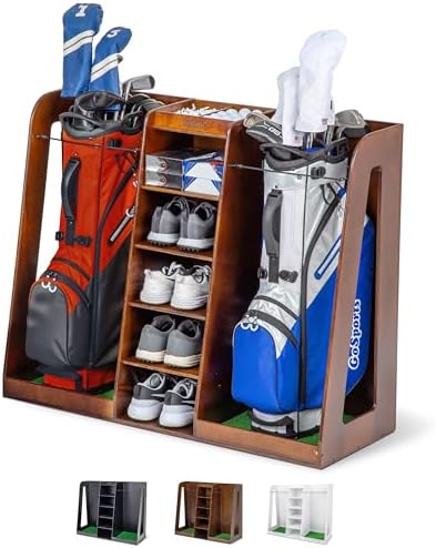 GoSports Premium Wooden Golf Bag Organizer and Storage Rack - Black, White or Brown Finish - Holds 2 Golf Bags by Unknown