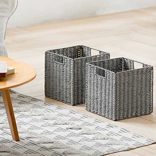 Vagusicc Wicker Storage Basket, Set of 2 Hand-Woven Storage Baskets for Shelves with Handles, Foldable Cube Storage Baskets Bins Organizer 13 inch Large Wicker Baskets for Pantry Bedroom Decor, Grey - Image 5