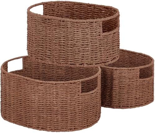 Vagusicc Wicker Storage Basket, Set of 3 Hand-woven Storage Baskets for Organizing, Round Large Wicker Baskets for Storage Decor, Pantry Storage Cubes Organization Baskets for Shelves, Brown by Vagusicc