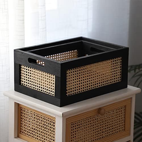 Wicker Wood Storage Baskets with Handle, Set of 2, Black - Image 6
