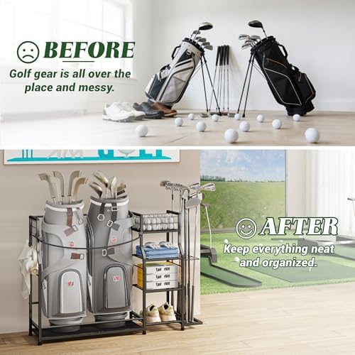Golf Bag Storage Organizer for Golf Accessories, Golf Bag Stand with Extra Storage Rack for Golf Clubs & Golf Essentials, Golf Bag Holder for Garage Organization Fits 2 Bags, Metal & Wood Construction - Image 7