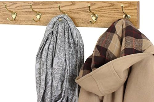 PegandRail Oak Wall Mounted Coat Rack with Solid Brass Hooks 4.5" Ultra Wide (Golden Oak, 25.5" x 4.5" with 5 Hooks) - Image 2