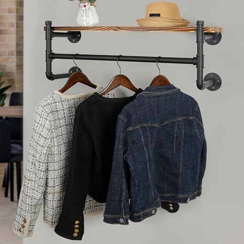 WEBI Wall Mounted Clothes Rack with Shelf,32" Industrial Pipe Clothing Rack with Shelves,Heavy Duty Iron Garment Rack Bar,Retail Display Clothes Rod for Clothes,Laundry Room,Black - Image 4
