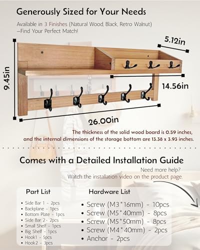 Coat Rack Wall Mount with Shelf, 26IN Wooden Coat Hanger Hooks Wall Mount with 8 Metal Hooks, Hanging Shelf with Hooks, Retro Walnut - Image 6