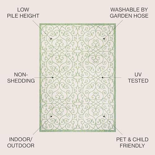 Eyely Filigree Textured Weave Area Rug 4X6 Cream/Green, Indoor Outdoor Rug - Image 4