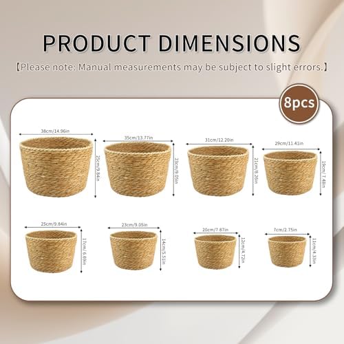 8pc Round Storage Baskets, Handwoven Natural Reed Grass, Structured - Image 3