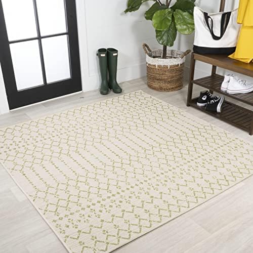 Eyely Moroccan Woven Square Rug 5X5 Cream/Green, Indoor Outdoor Rug by eyely
