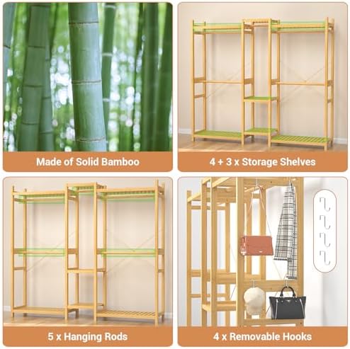 Homykic Bamboo Clothing Rack with 7 Shelves, 5 Hang Rods, 70” Wide, Natural - Image 6