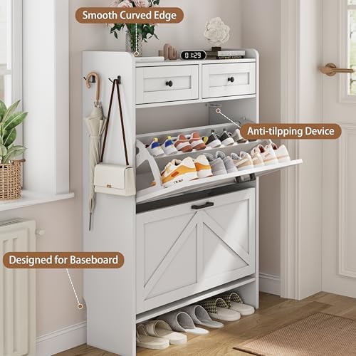 Shoe Cabinet with 2 Flip Drawers & 2 Top Drawers, 43" Tall Freestanding Narrow Wooden Shoe Storage Organizer for Entryway, Hidden Slim Shoe Rack for Front Door Entrance, Hallway, Living Room, White - Image 5
