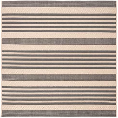 SAFAVIEH Courtyard Collection CY6062 Stripe Indoor/ Outdoor Non-Shedding Easy--Cleaning Patio Backyard Porch Deck Mudroom Area--Rug, 5'3" x 5'3" Square, Grey / Bone - Image 3